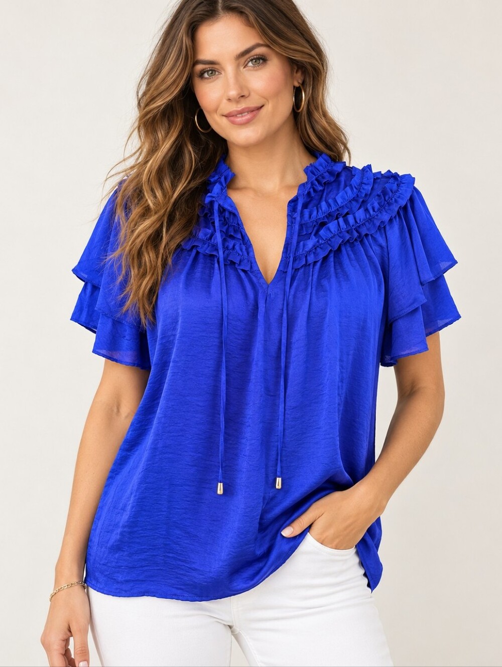 Entro Large Cobalt Blue Ruffle Tiered Sleeve Boho Blouse Top